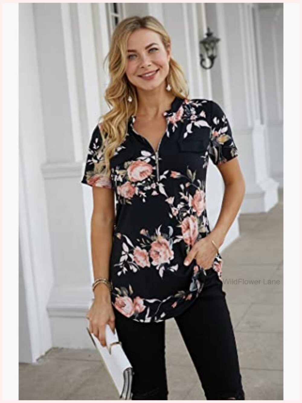 Womens Short Sleeve Zip Floral Tunic Blouse Casual Summer Top - Picture 2 of 6